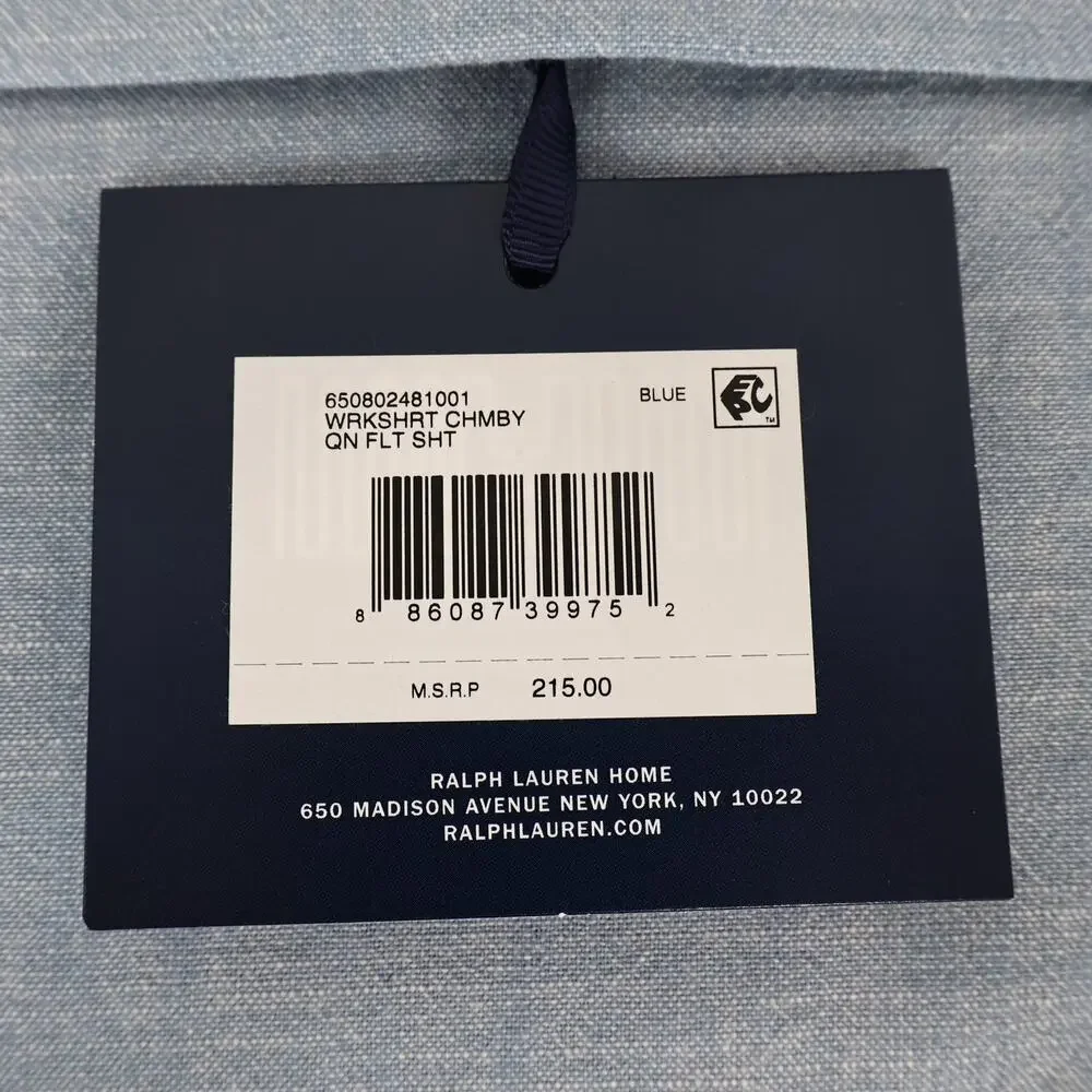 Ralph Lauren Bedding Workshirt Chambray Blue Flat Cotton Queen Sheet NWT